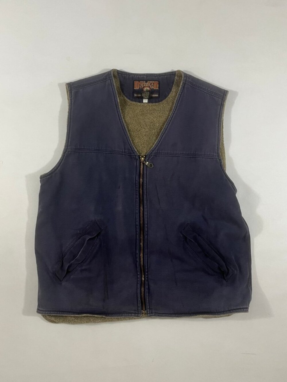 Duluth Trading Co Navy Canvas Sherpa Lined Zip Up Workwear Vest L